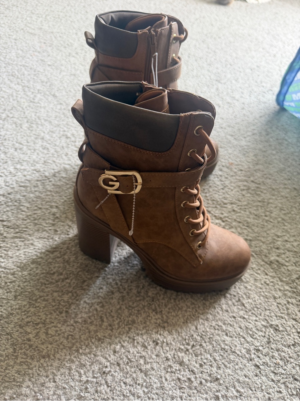 Guess Brown Lace-Up Heeled Ankle Boots with Gold Buckle